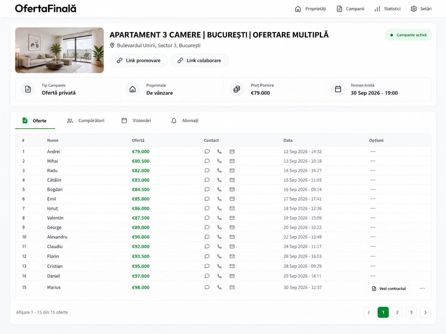 Captură OfertaFinala.ro — proces de ofertare